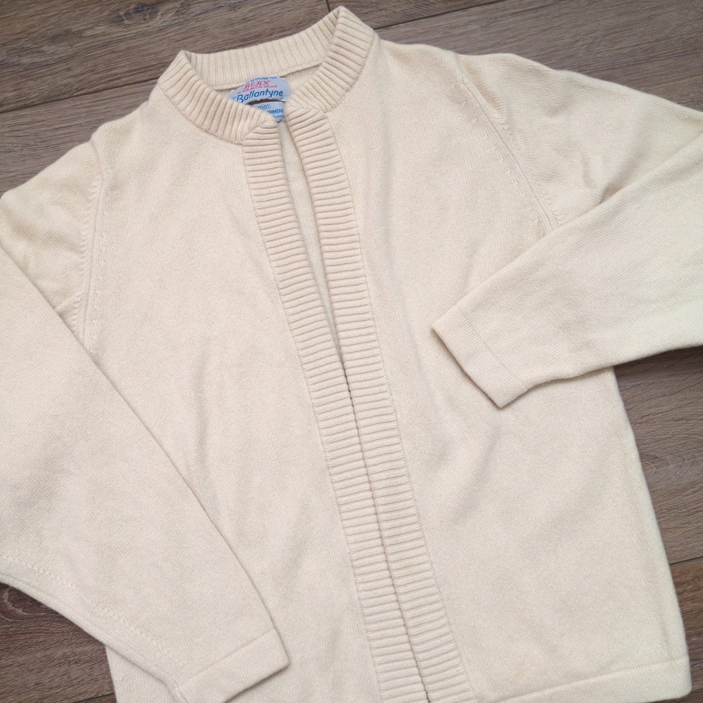 Vtg Ballantyne Cardigan Cream White 100% Cashmere Thick Scotland Open Front M - Picture 1 of 8